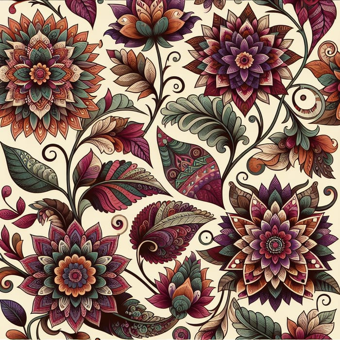 Boho Style Flower and Leaves Pattern in Purple, Orange, and Green