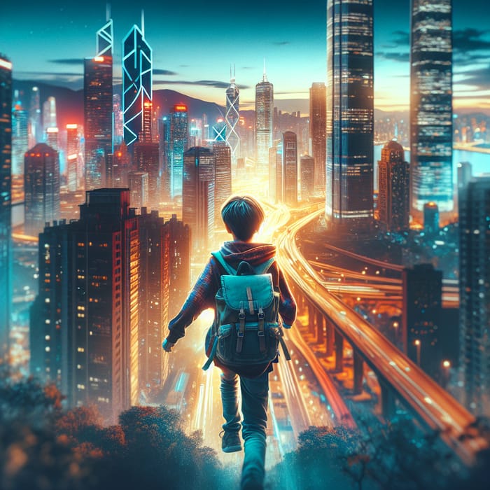 Exploring the Unknown: Young Boy Embracing Adventure Beyond Urban Cityscape
