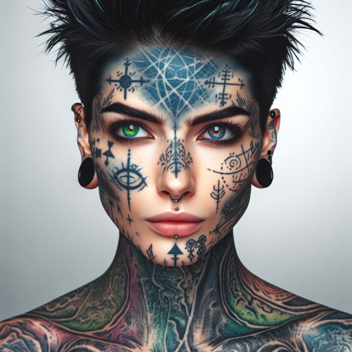 Mysterious Femme Fatale with Colorful Tattoos and Mesmerizing Eyes