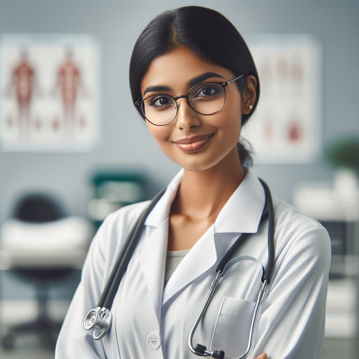 Professional South Asian Female Doctor in White Coat with Stethoscope