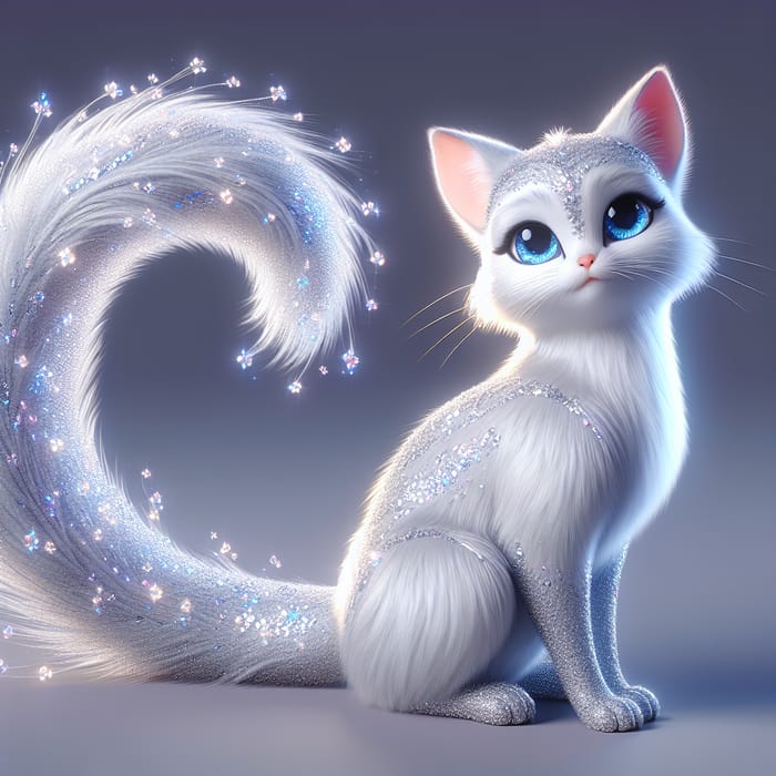 Enchanting White Cat with Sparkling Silver Coat and Magic Tail | Ghibli-Style Fantasy Art