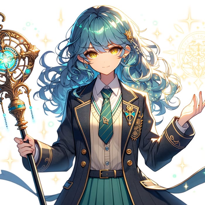 Anime Girl with Wavy Turquoise Hair - Golden Eyes & Magic Staff