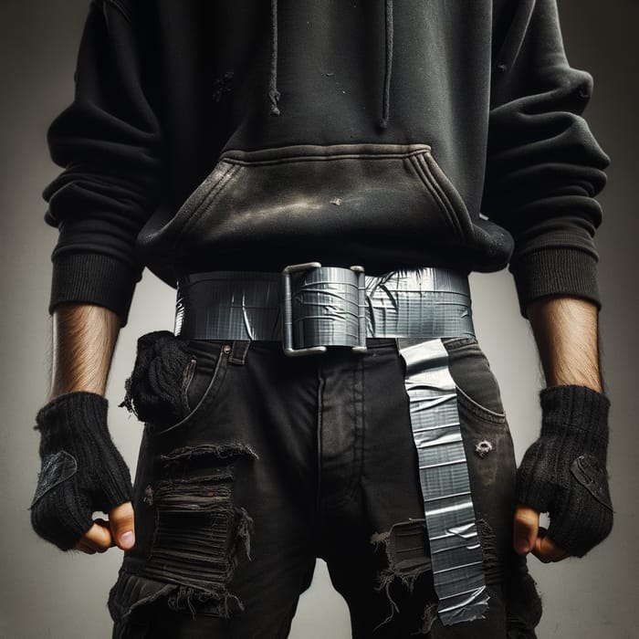 Rugged Style: Black Hoodie & Duct Tape Belt Outfit
