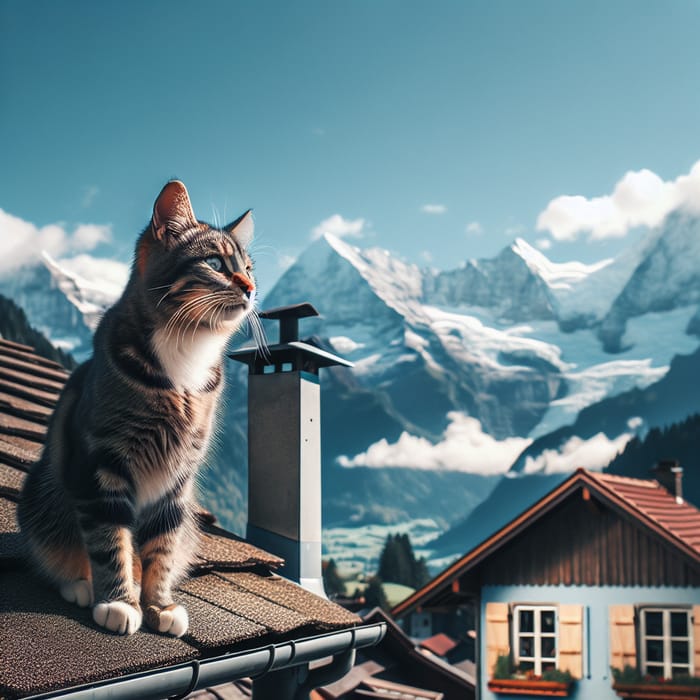 Tabby Cat Enjoying Mountain View from Rustic Roof