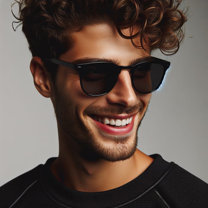 Middle-Eastern Man with Short Curly Hair Smiling in Black Sunglasses