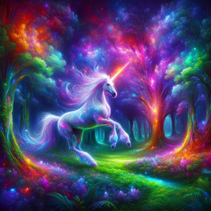 Mystical Forest Scene with Graceful Unicorn - Fantasy Wonderland