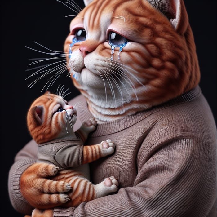 Realistic Depiction of Crying Red-Haired Cat and Kitten in Lifelike Attire