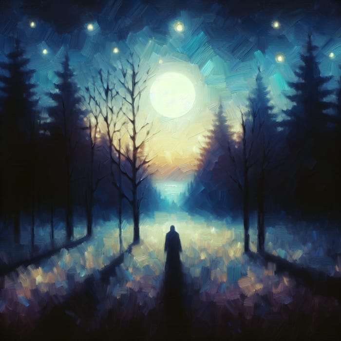 Ethereal Moonlit Forest Scene with Mysterious Figure