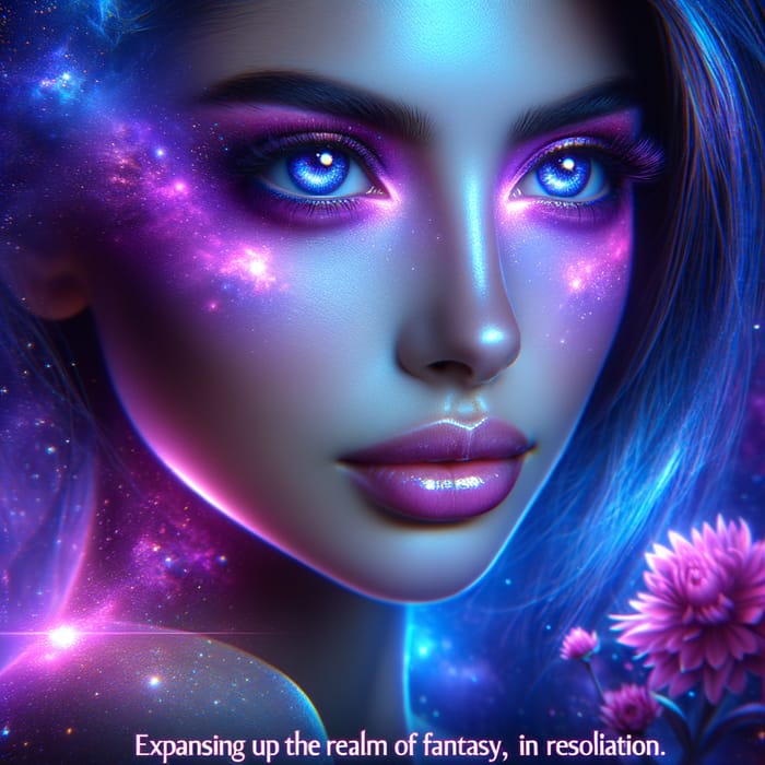 Beautiful Female Portrait with Cosmic Color Space and Neon Blue Lighting, Hyperrealism Fantasy Aesthetic