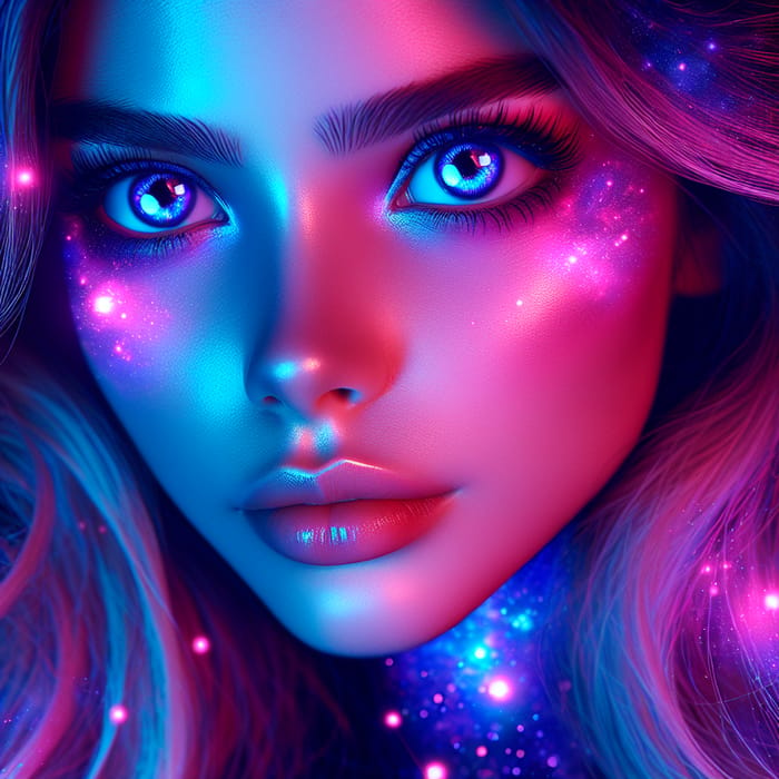 Neon Blue Cosmic Fantasy - Stunning Girl Portrait with Big Eyes