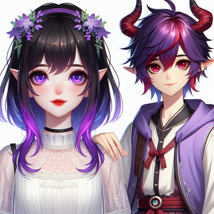 Vibrant Anime Duo: Girl with Purple Hair Embracing Three-Eyed Boy