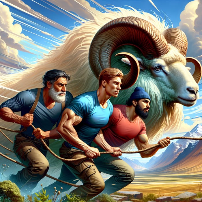 Epic Journey: Three Strong Men Riding Majestic Giant Horned Sheep