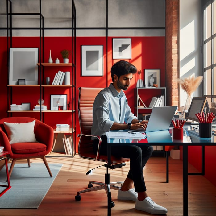 South Asian Man Working in Red-themed Office with Modern Decor