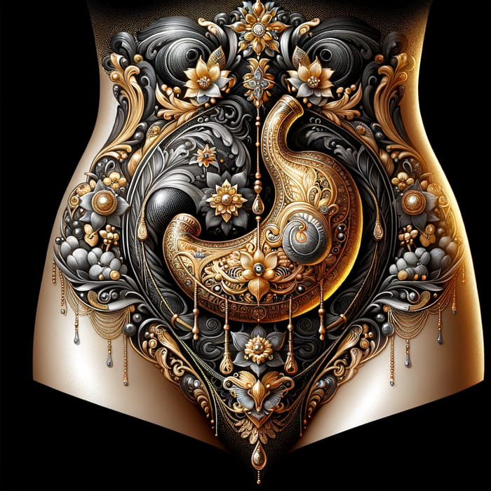 Luxurious Stomach Art in Gold and Silver on Black Background