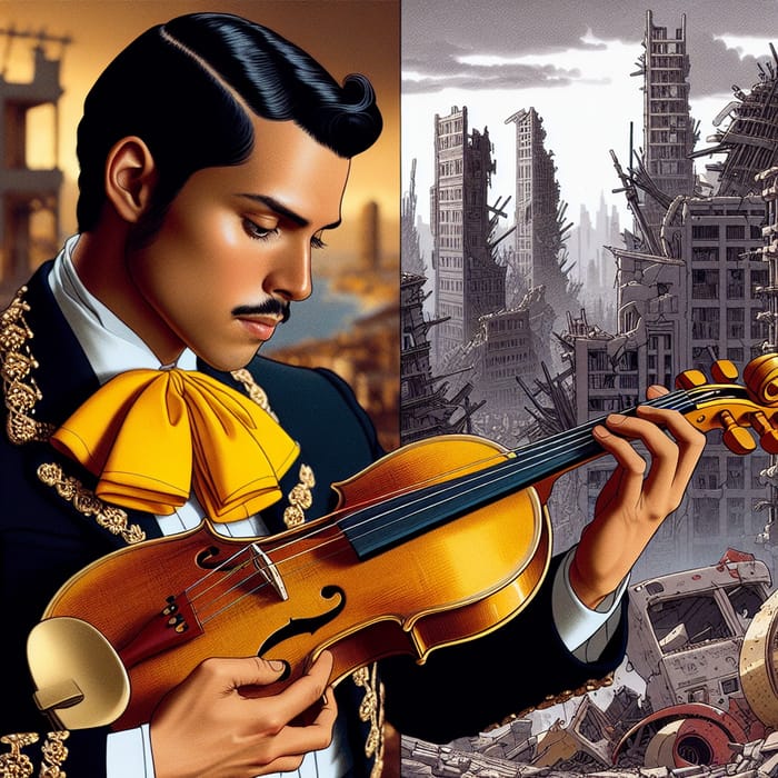 Mariachi Musician Cradling Golden Violin - Striking Image of Beauty Amidst Chaos