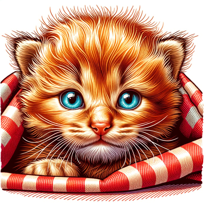 Adorable Newborn Orange Kitten on Checkered Blanket