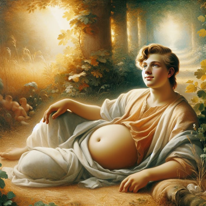 Renaissance Serene Boy with Pregnancy Glow in Tranquil Setting