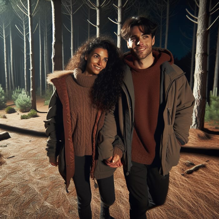 Interracial Couple's Nighttime Stroll in Enchanting Forest