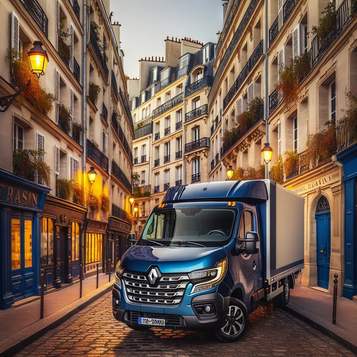 2017 Blue Renault Master Plateau in Paris - Charming Cobblestoned Street View