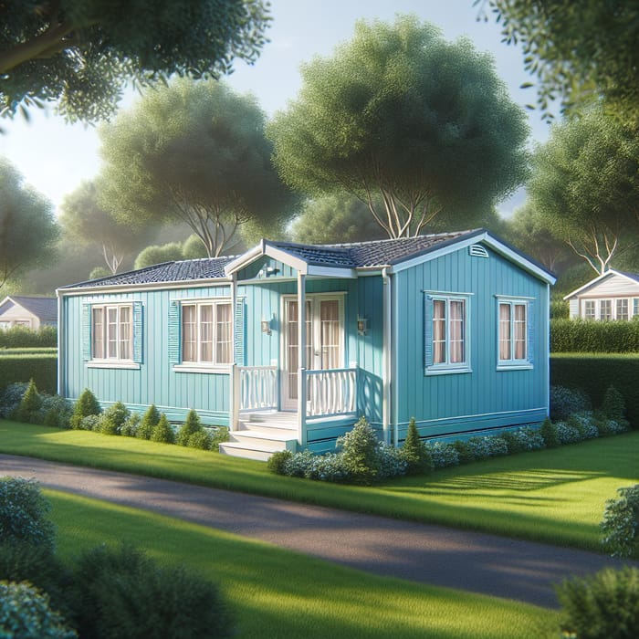 Blue Mobile Home in Serene Nature Setting