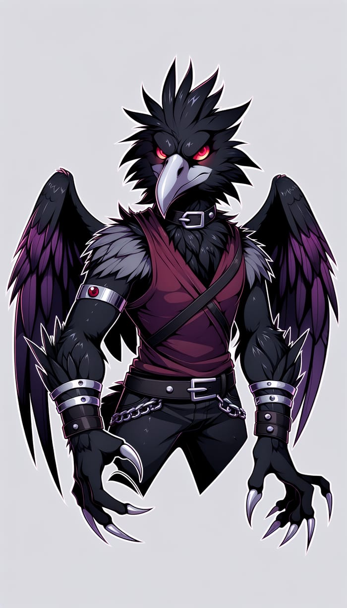 Anthropomorphic Crow Artwork with Sharp Feathers and Silver Talons