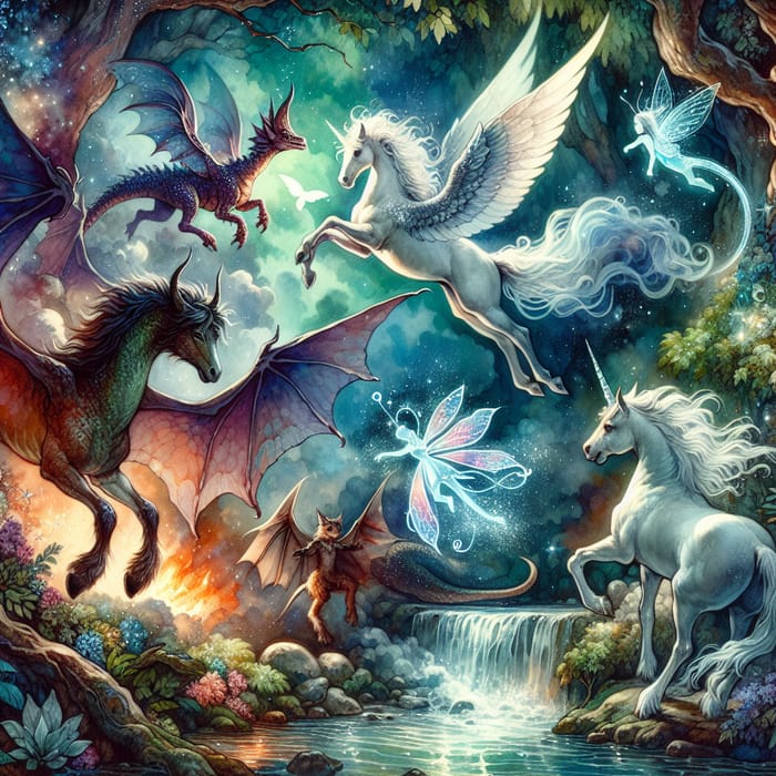 Fantasy Creatures in Ethereal Watercolor Scene