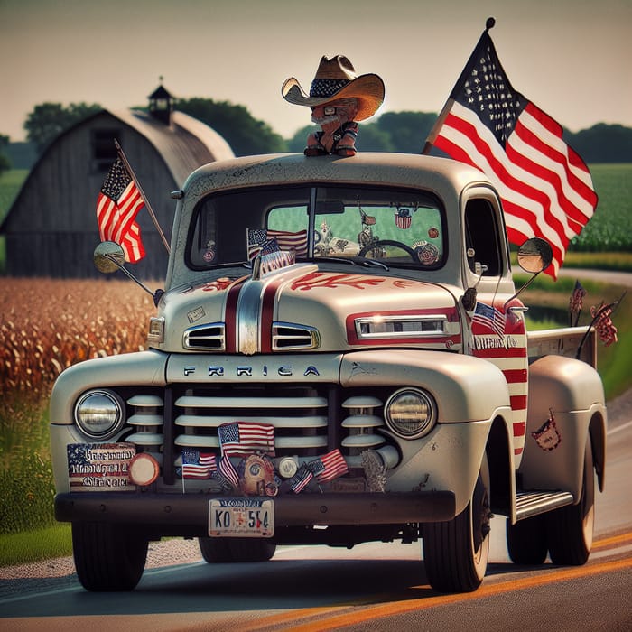 Patriotic American Flag Truck Driving on Country Road