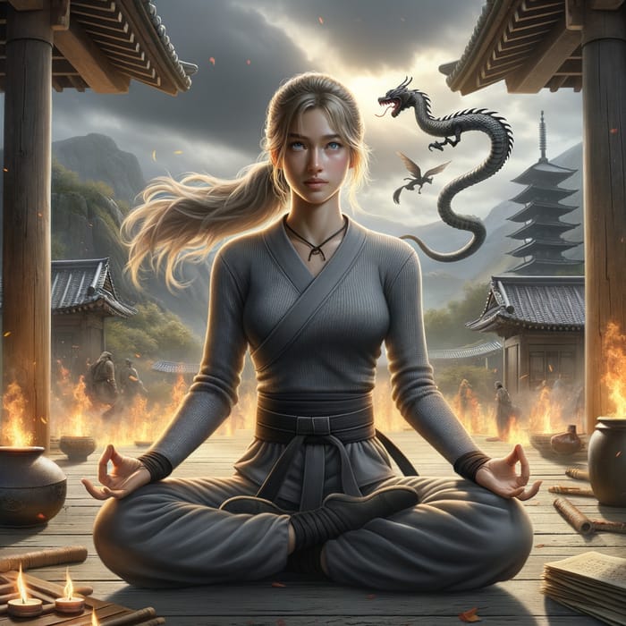 Empowered Korean-American Woman Meditating in Mystical Dojo