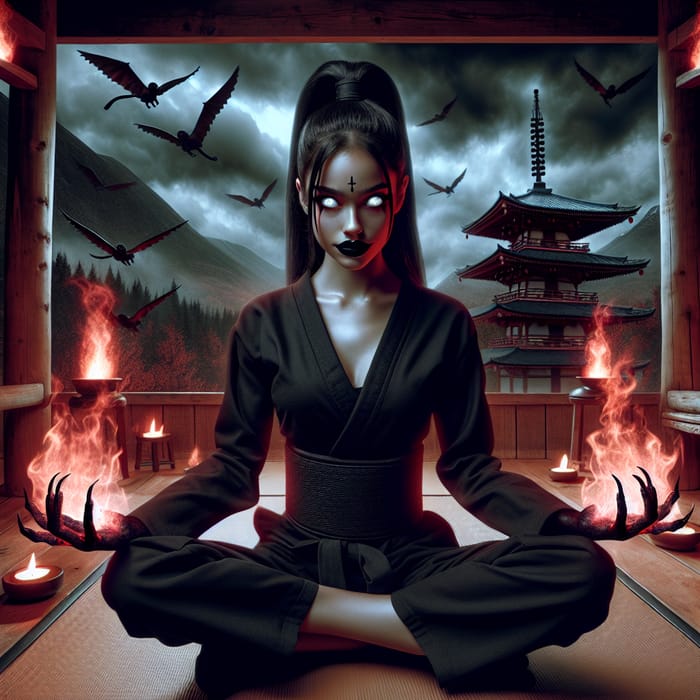 Young Japanese-American Woman Meditating in Lotus Pose with Hellfire Hands