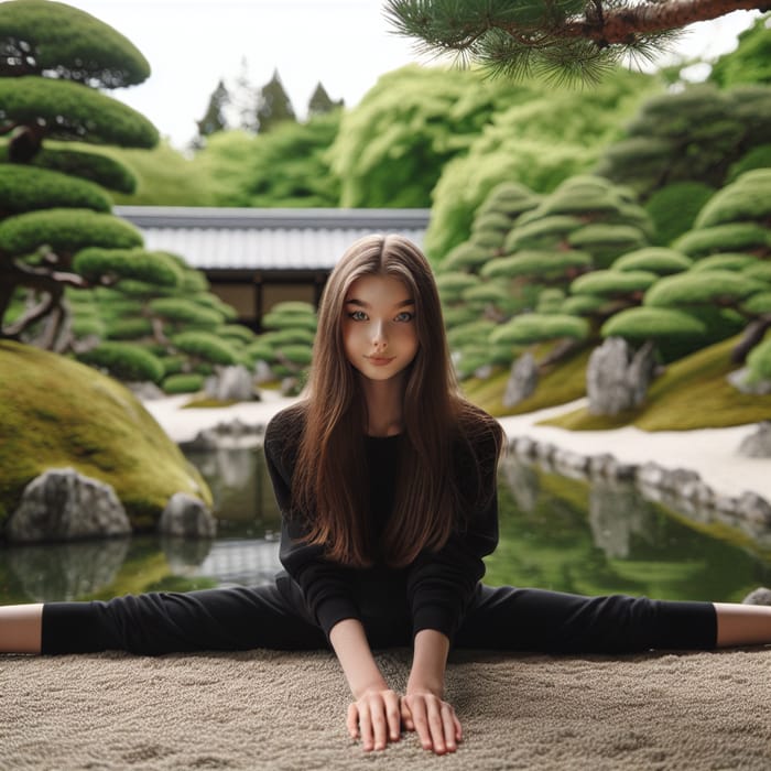 Russian Girl in Black Attire in Japanese Garden Splits
