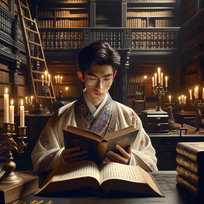 Elegant Young Chinese Scholar in Classical Library | Research Enthusiast