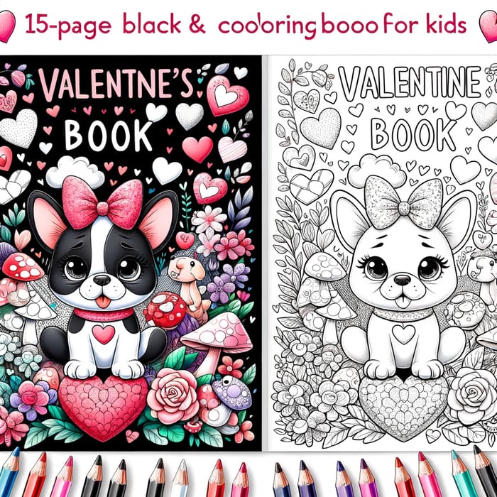 Delightful Black & White Coloring Book for Kids | French Bulldogs, Hearts & Mushrooms