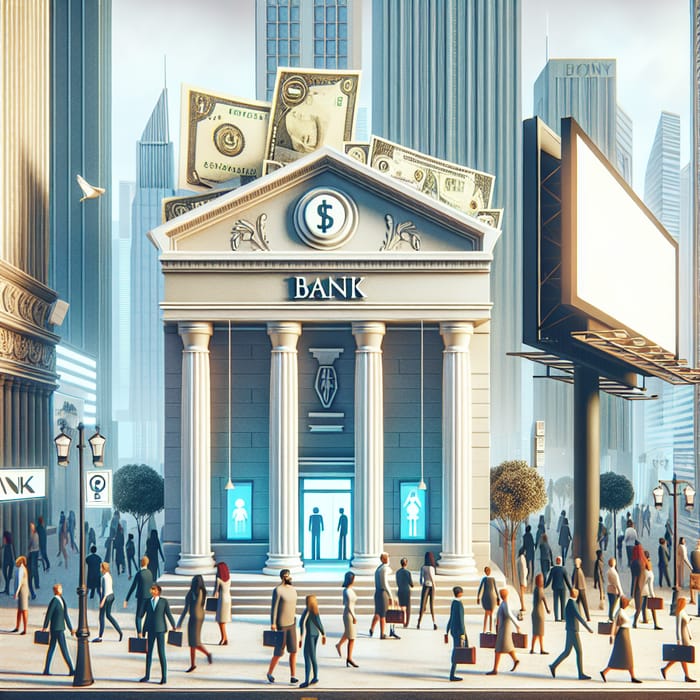 Bank of the Future: Tall, Beautiful, Vibrant Billboard with Money, Light, and People