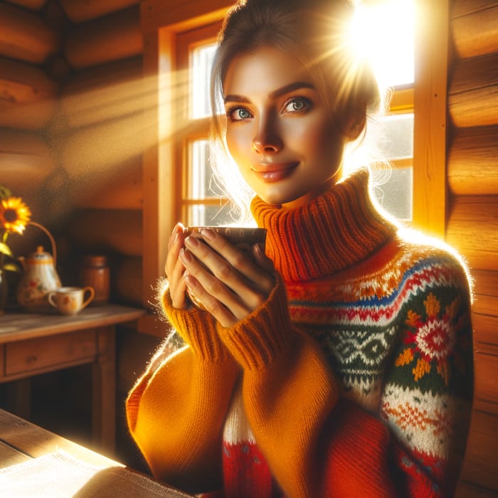 Captivating Image of Lovely Russian Woman Enjoying Tea in Cozy Cabin