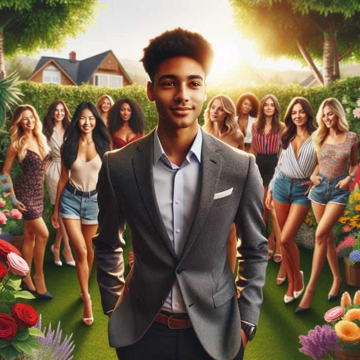 Intelligent Boy in Stylish Garden Surrounded by Diverse Women