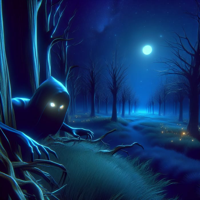 Mysterious Figure with Glowing Eyes in Moonlit Forest