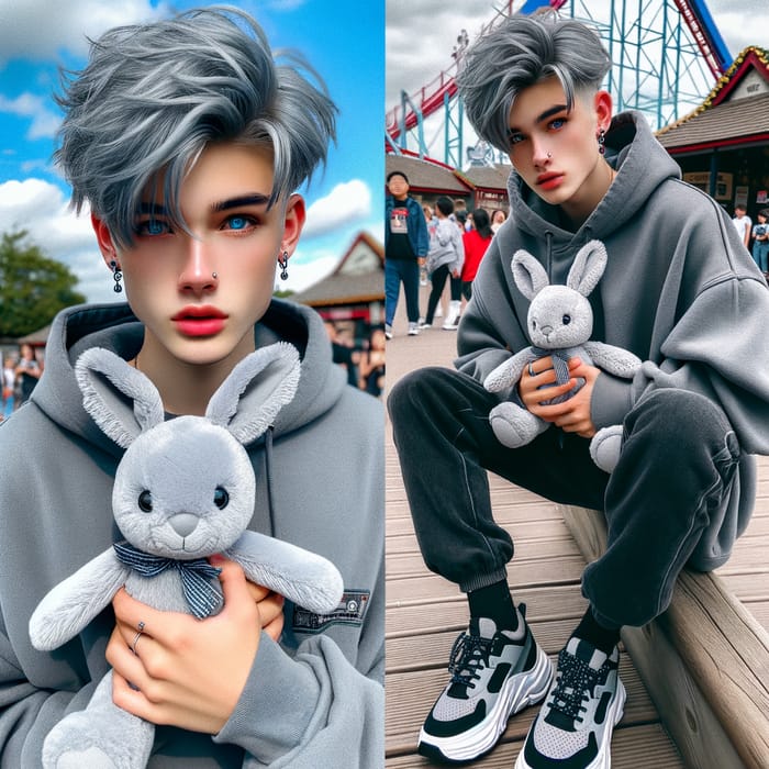 Stylish Boy with Blue Eyes and Grey Hair at Theme Park with Rabbit Teddy