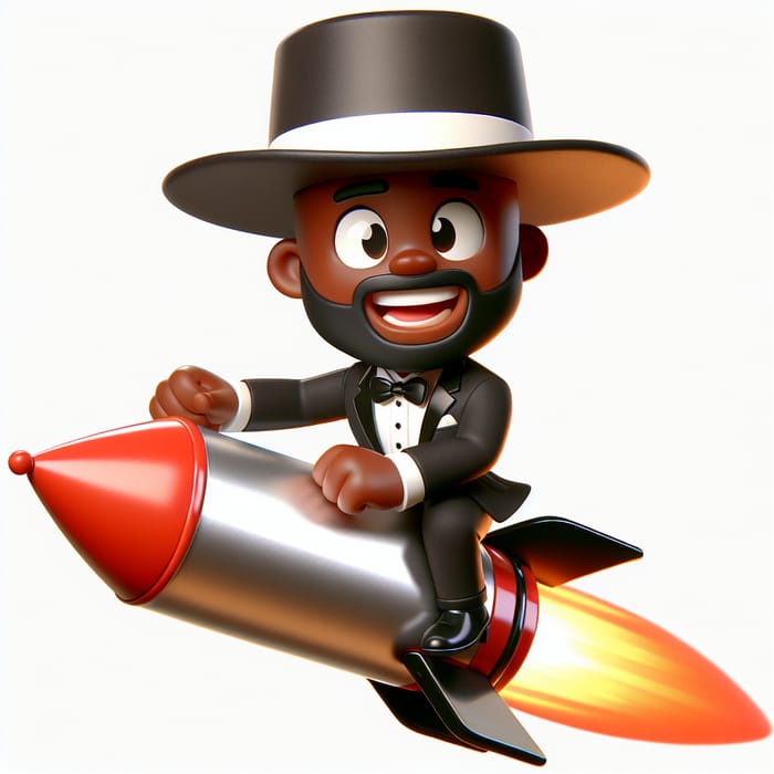 Lighter Skin Black Man in Tuxedo Fedora Hat Riding Emoji Rocket