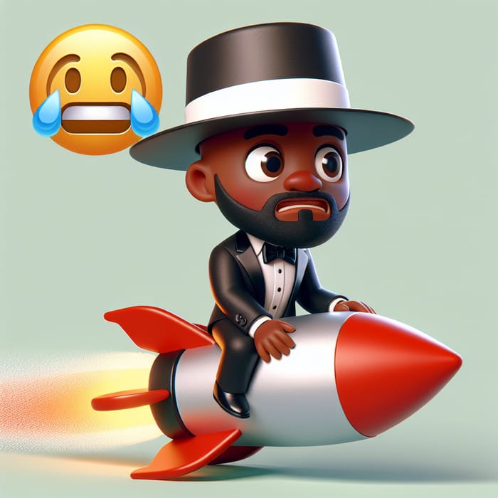 Animated Black Man in Tuxedo Panicking on Emoji Rocket
