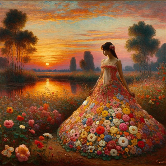 Tranquil Landscape Sunset with Girl in Monet Style Dress