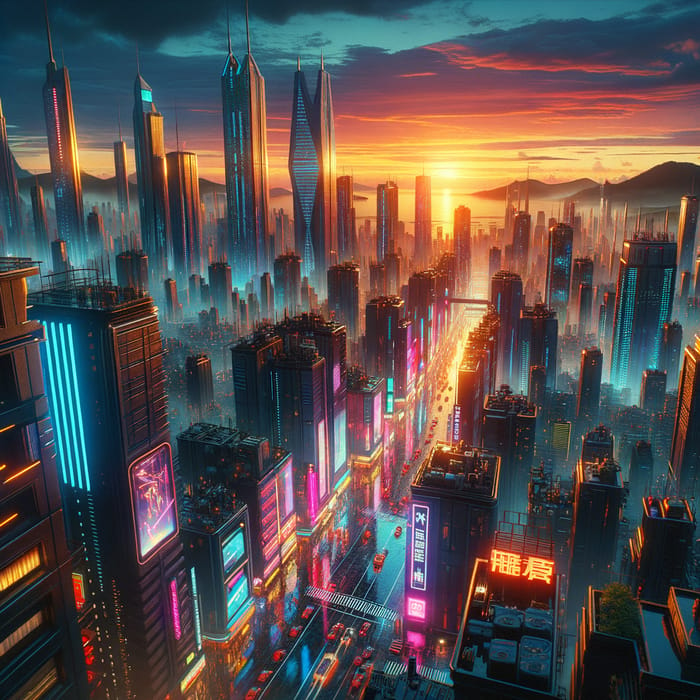 Neon Cyberpunk Cityscape at Sunset | Vibrant Futuristic Scene