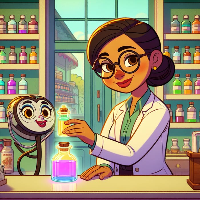 Disney Farmacist: Bright Cartoon Character in a Pharmacy Setting