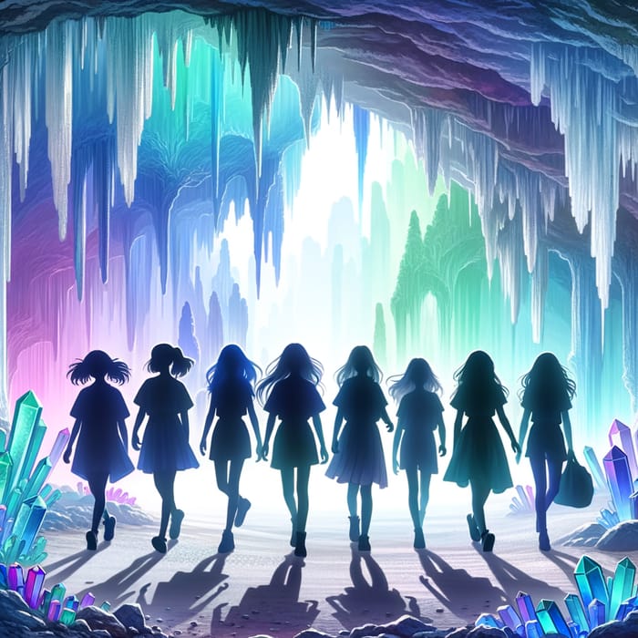 8 Silhouette Girls in Diverse Unity Explore Crystal Cave