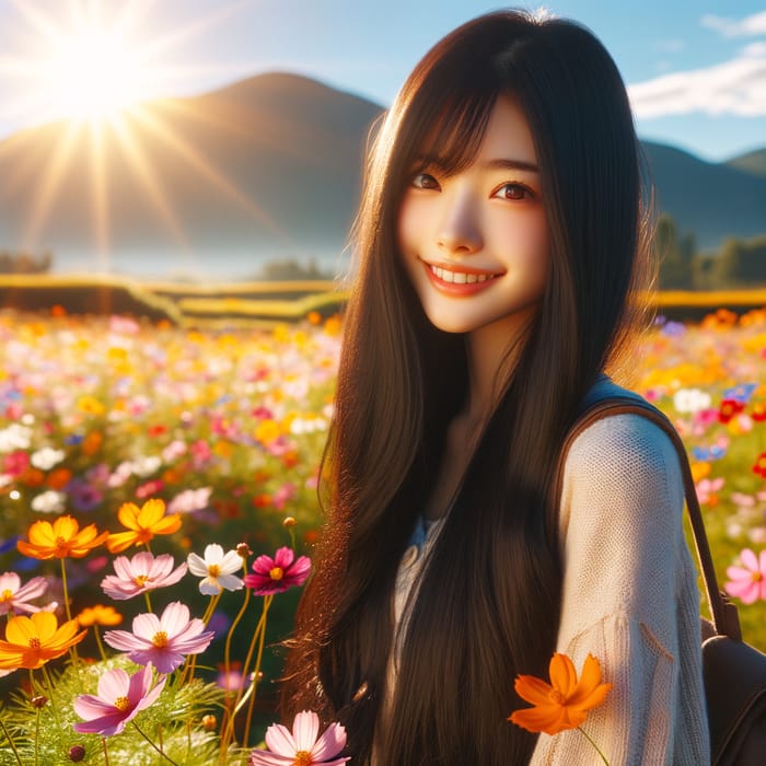 Beautiful Asian Girl in a Field of Wildflowers
