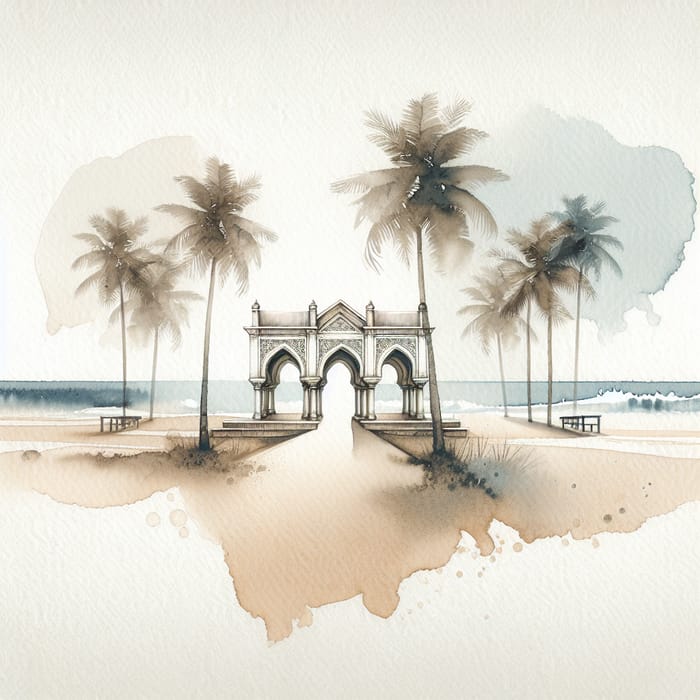 Idyllic Beach Arches & Coconut Trees: Gouache Watercolor Art