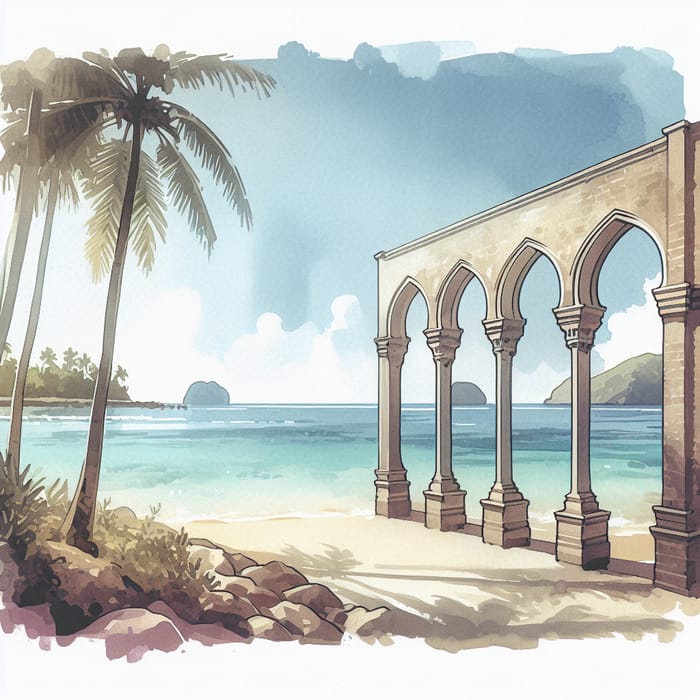 Tranquil Beach Landscape with Arched Portals Overlooking Ocean