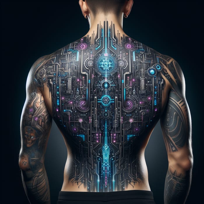 Detailed Cyberpunk Back Tattoo Design
