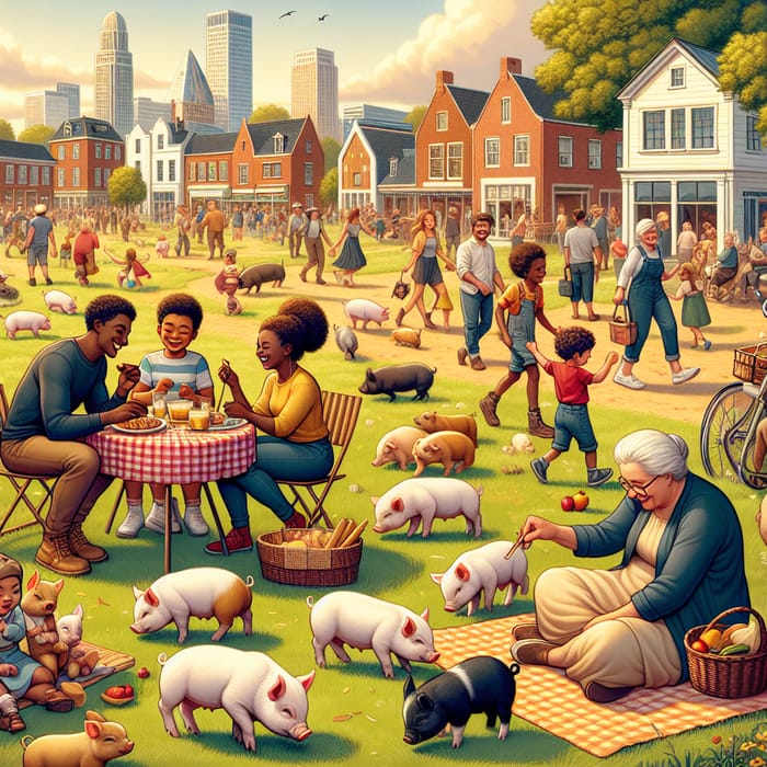 Charming Rural Town with Mini Pigs and People