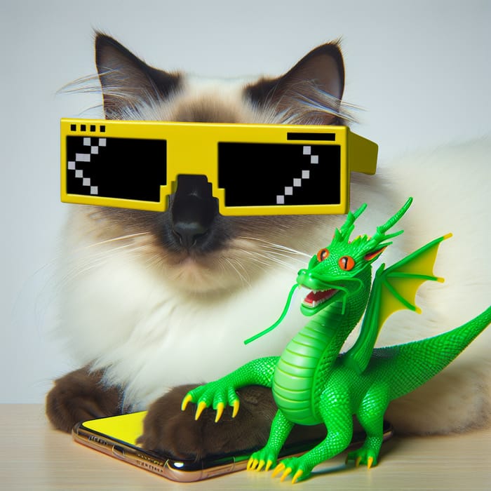 Yellow Cat in Neo-Sunglasses Holding Green Dragon Smartphone