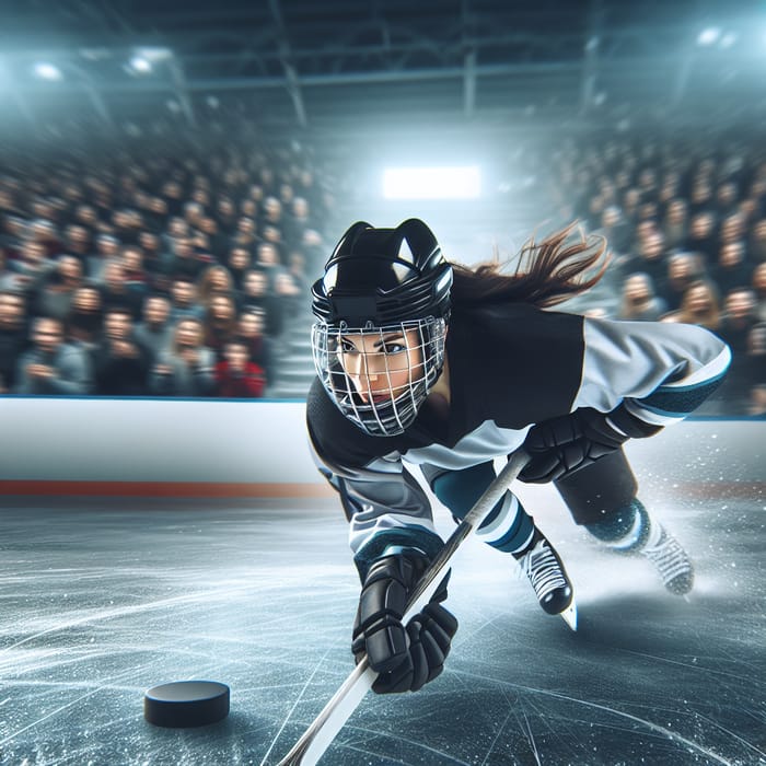 Female Hockey Player Wearing Face Mask in Intense Game
